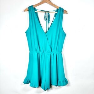 ASTR The Label Teal Green Romper Sleeveless Ruffle Hem Tie Back | M